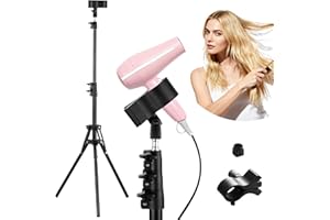 ERYTLLY Hair Dryer Stand Hair Dryer Holder with Tripod Hands Free 360-Degree Rotating Universal Clip Adjustable Height from 30-62 Inch Metal Blow Dryer Holder for Bathroom, Vanity, Makeup Room