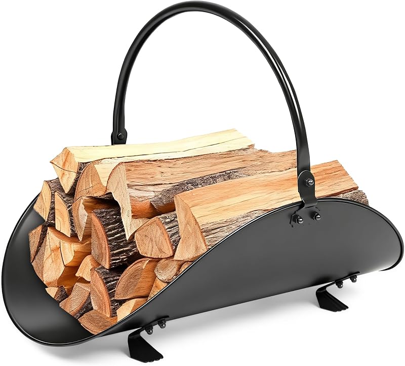 AMAGABELI GARDEN HOME Fireplace Log Holder Indoor Metal Wood Rack Basket Black