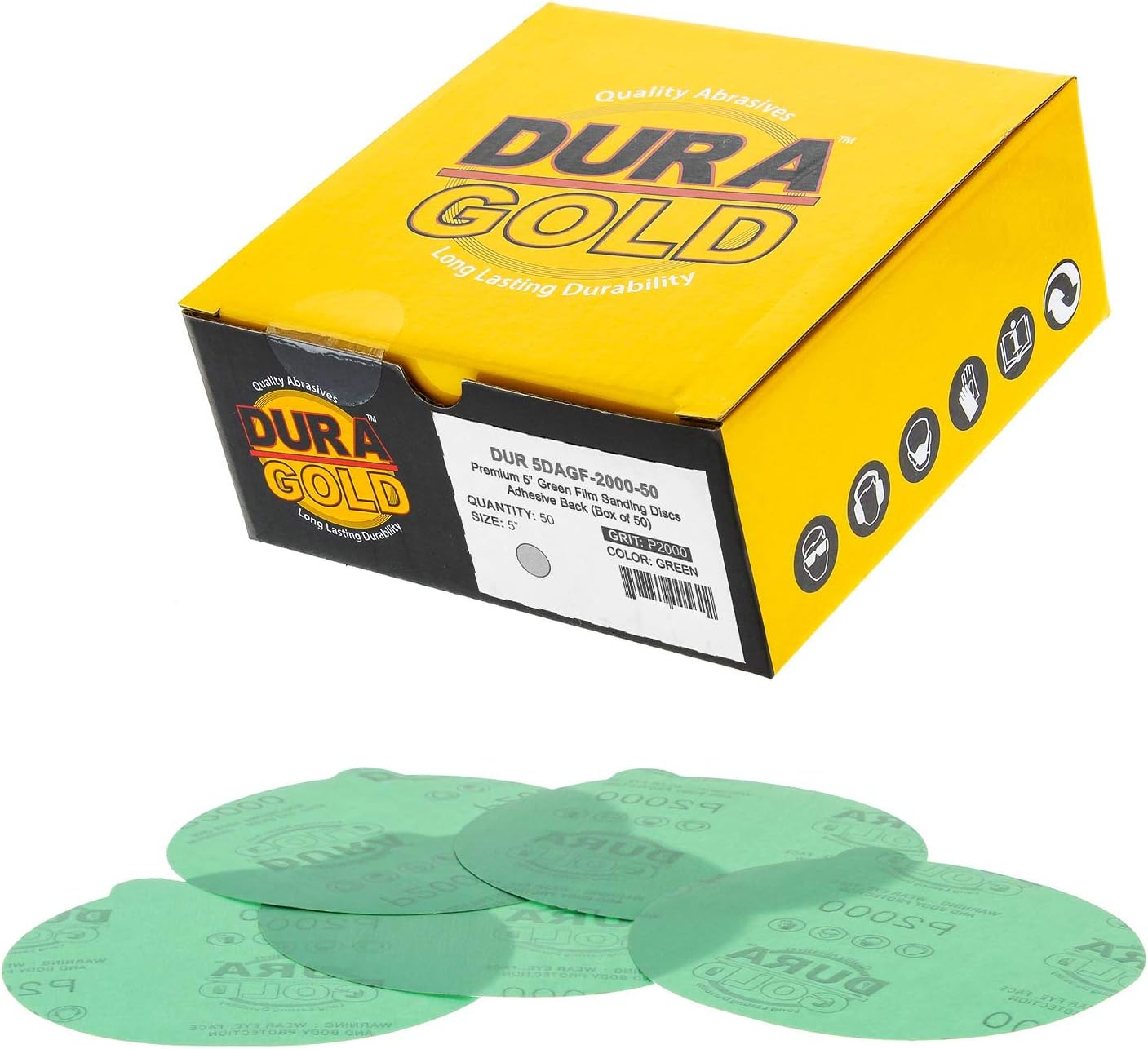 Dura-Gold - Premium Film Back - 80 Grit 5" Green Film - PSA Self Adhesive Stickyback Sanding Discs for DA Sanders - Box of 50 Sandpaper Finishing Discs for Automotive and Woodworking - - 