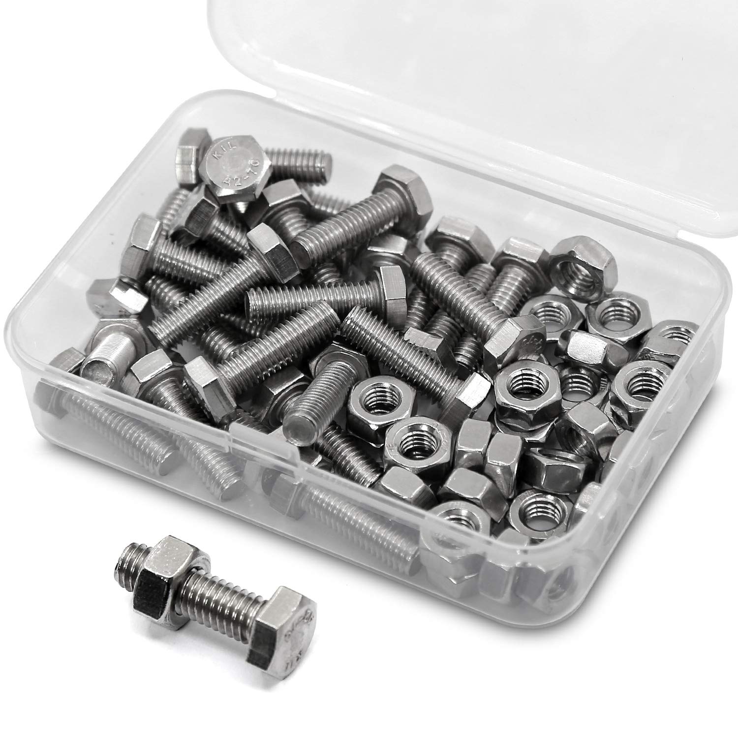 M6 x 16mm 40PCS Hex Head Screws Bolts and Nuts Set, 304 Stainless Steel 18-8, Full Thread, Bright Finish, Machine Thread