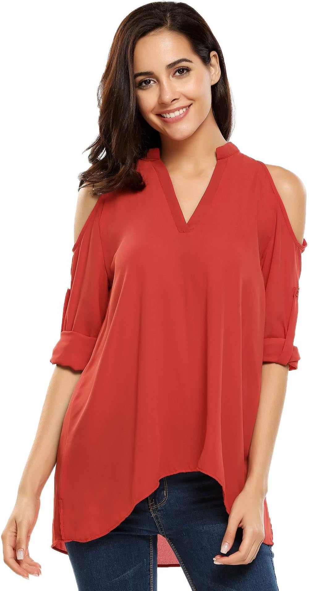 etuoji Women V-Neck Cold Shoulder Long Sleeve Solid Chiffon Blouse