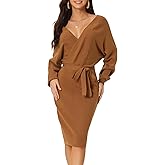 Seta T Women's V Neck Sweater Dress Batwing Sleeve Wrap Backless Knit Fall Midi Dress with Belted