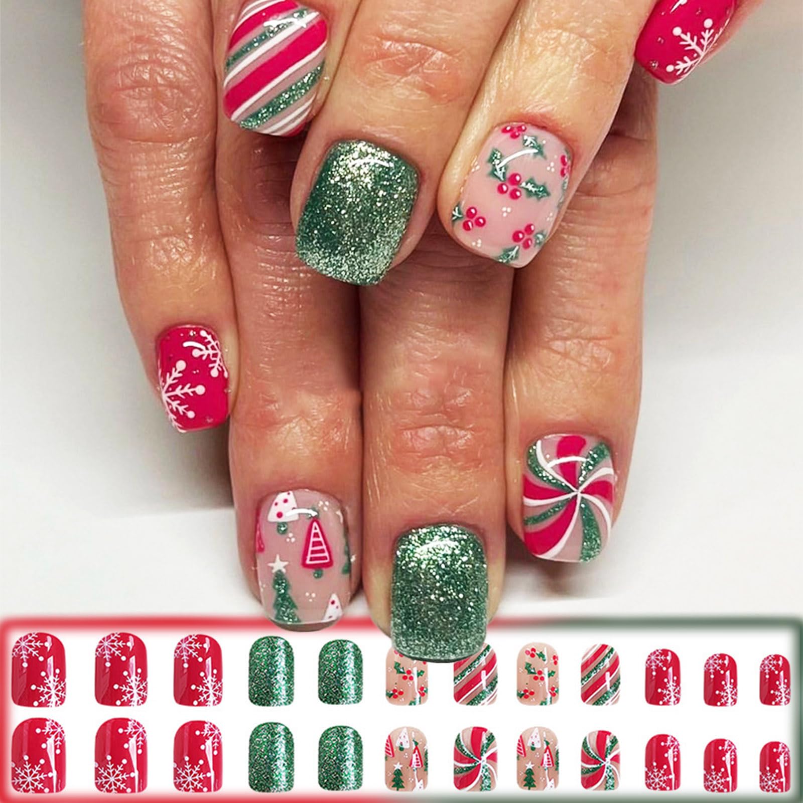Christmas Holly Press on Nails Glossy Green Glitter Curve Line False Nails Short Square Snowflake Fake Nails Gel Glue on Nails Christmas Tree Stick on Nails for New Years Gifts 24 Pcs Merry Christmas - Image 7