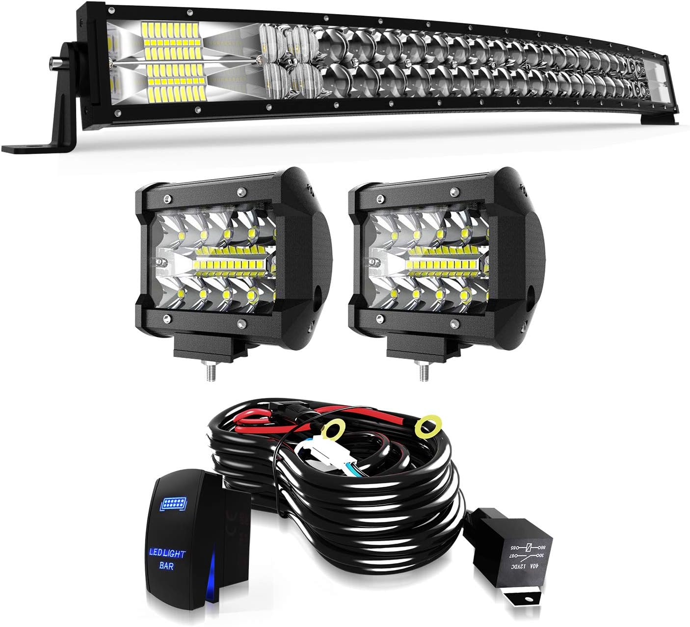 TERRAIN VISION LED Light Bar 32 Inch Curved Led Bar Off Road Light W/ 2pcs 4in 60W LED Pods Fog Lights with Wiring Harness Kit for Jeep Trucks Polaris ATV UTV Boat Light Bars: Automotive