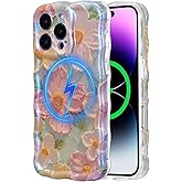 EYZUTAK Case for iPhone 16 Pro Max, [Compatible with MagSafe] Colorful Oil Painting Flower Glossy Cute Curly Wave Edge Exquisite Phone Cover Stylish Durable TPU Protective Case for Women - Green