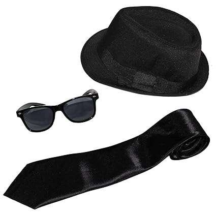 Foxxeo 3 Teile Brothers of Blues Kostüm Set Filz Hut Weyfarer Sonnenbrille Krawatte