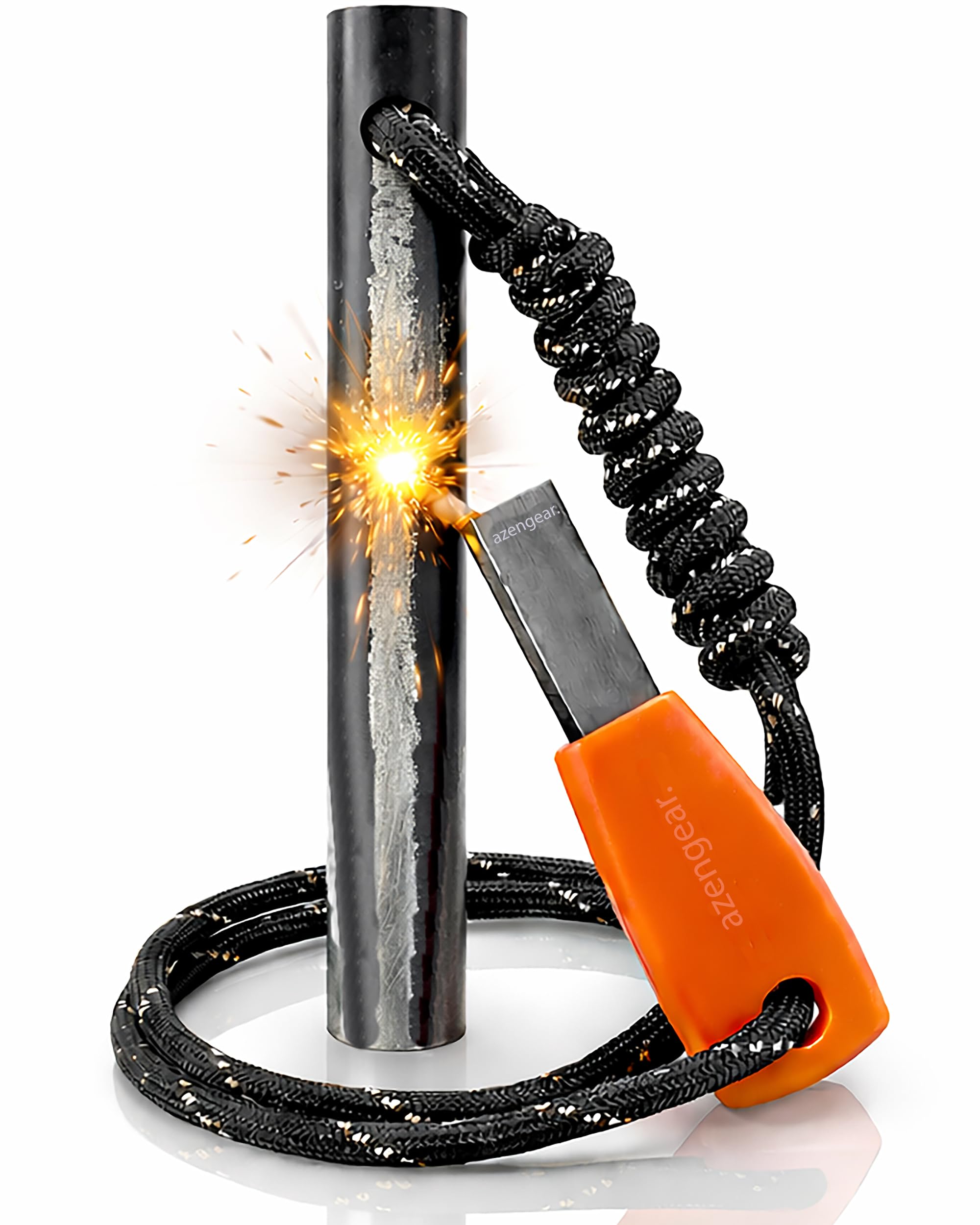 Ferro Rod Fire Starter Kit (10cm x ⌀1cm), Flint and Steel Striker, Fluorescent Paracord - 15,000 Strikes Firesteel Survival Tool for Hiking, Camping and Outdoor Emergency