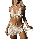 Milumia Women's 3 Piece Bikini Set Lace Ruffle Trim Halter String Triangle Swimsuit with Cover Up