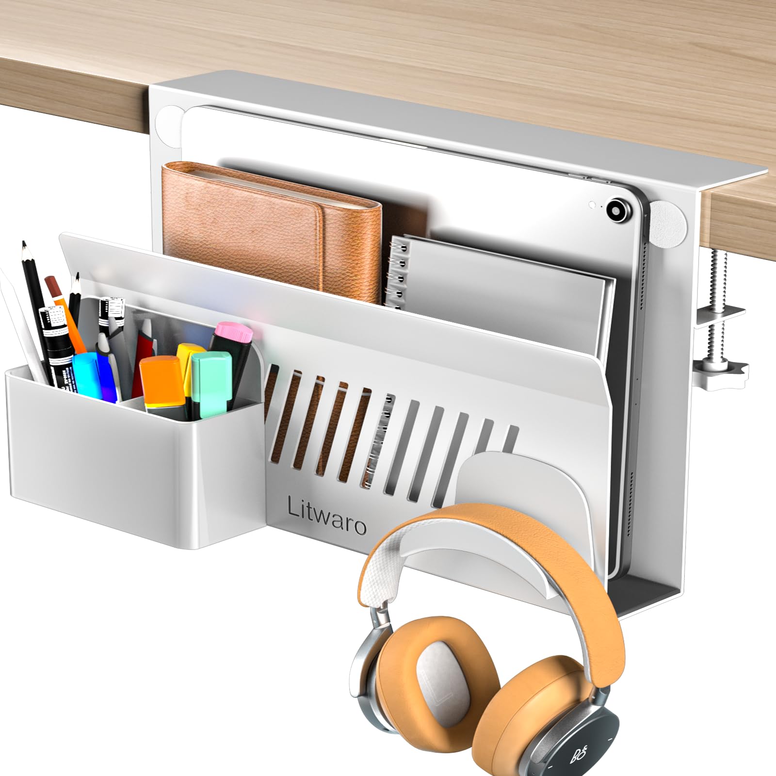 Photo 1 of Litwaro Desk Side Storage Organizer, Under Desk Laptop Holder No Drill, Laptop Mount with Magnetic Pen Holder, Hanging Desk Organizer Fits Flat Edge Desks 0.4" to 2.1" (White)