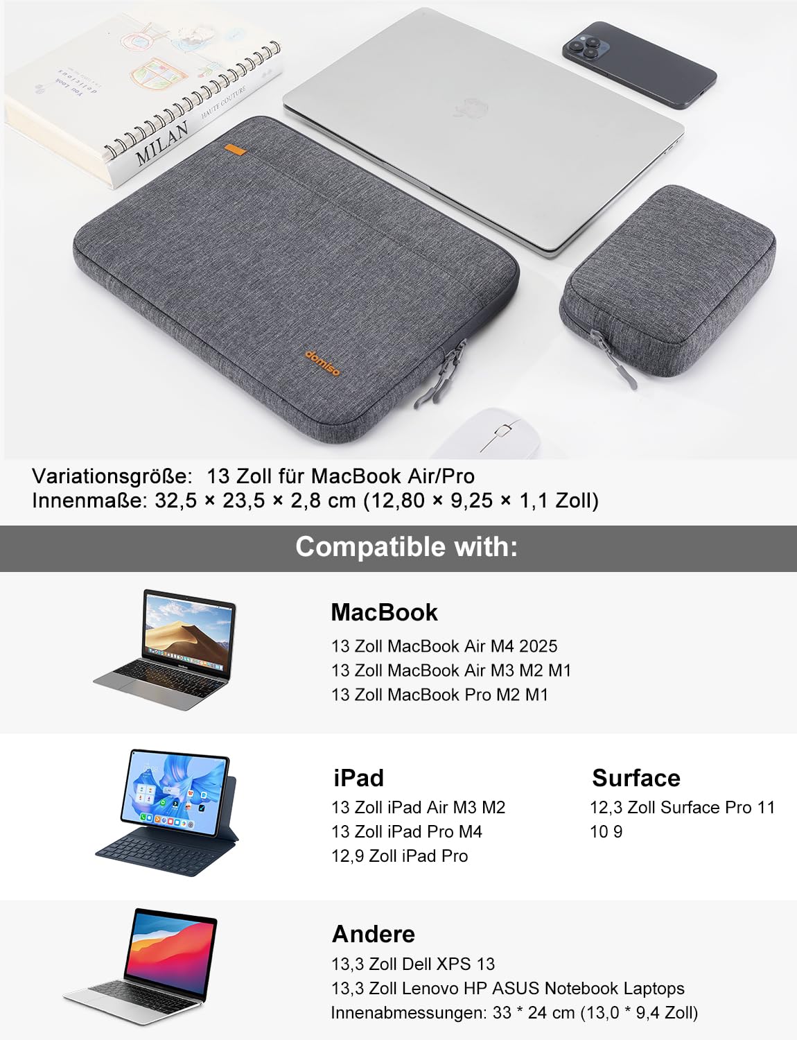 DOMISO 13 Zoll Laptoptasche Laptop Tasche Hülle Notebook Sleeve Case Bag Schutzhülle Kompatibel mit Mac Book Air 13 M4 M3 M2,MacBook Pro M2,ipad Air,Dell,Lenovo Laptophülle mit Zubehörtasche,Grey 3