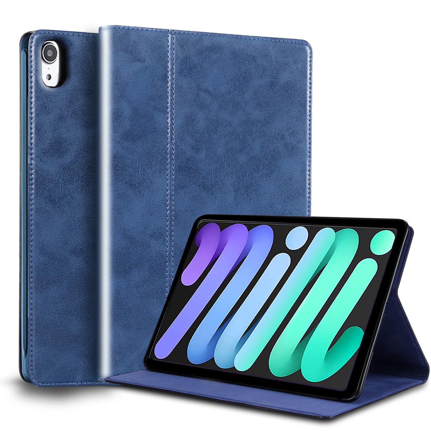 Gexmil Genuine Leather Case for iPad Mini 7 (A17 Pro) 2024 / iPad Mini 6 Generation 2021 8.3 Inch,Adjustable Stand,Smart Cowhide Cover Shockproof,Anti-Fingerprint Anti Slip,Oil Wax Blue