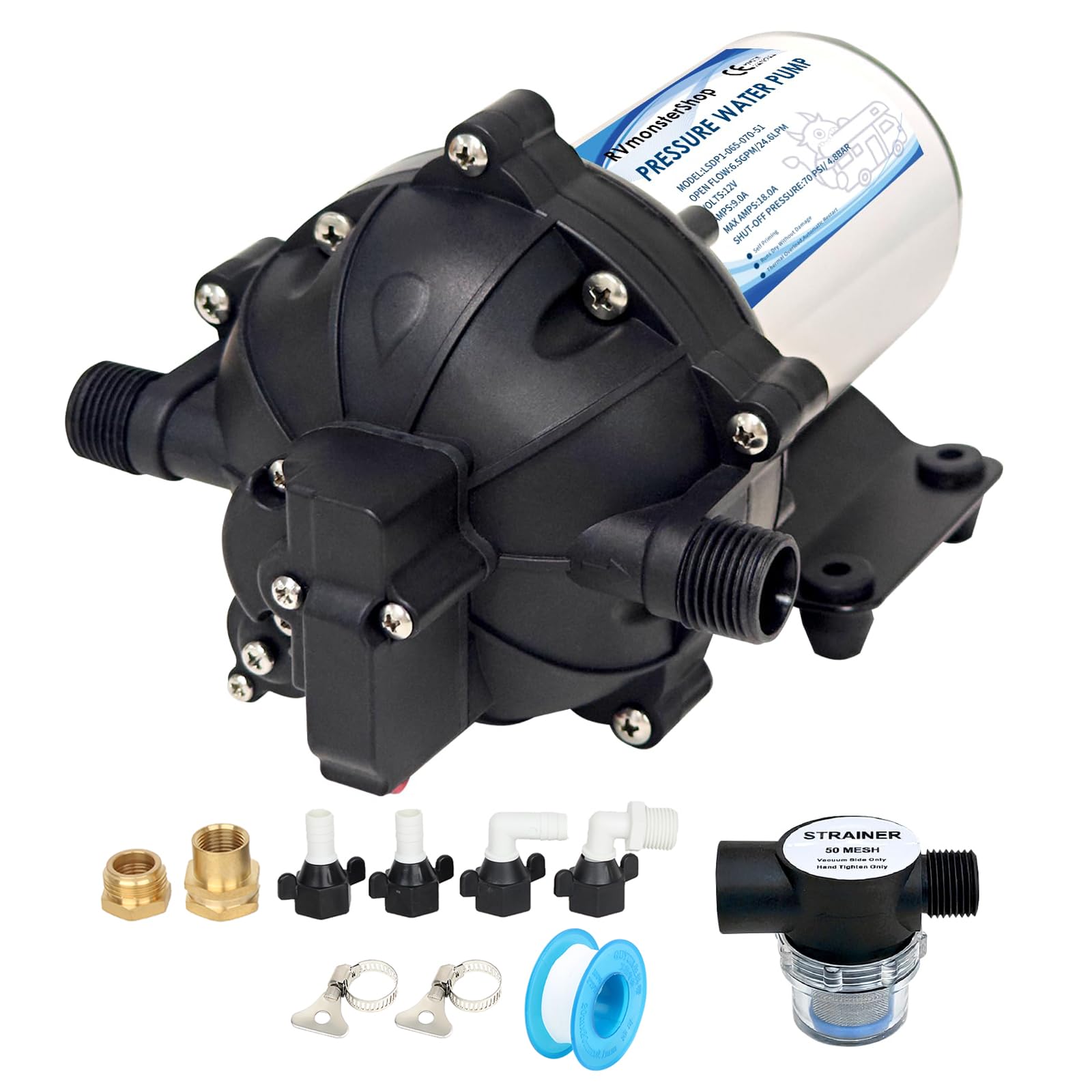Photo 1 of 12V Water Pressure Diaphragm Pump 5-Chamber, 6.5GPM/70PSI Self Priming RV Water Pump include, Marine Fresh Water Transfer Pump for Camper Yacht Lawn