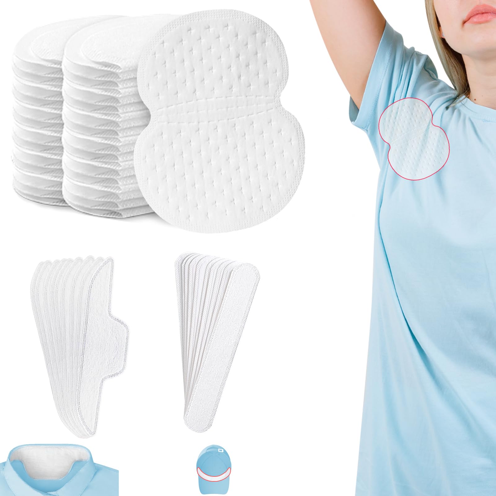 Photo 1 of 120Pcs Sweat Pads for Under Arms, Hat Sweat Liner, Shirt Collar Protection, Tmsek Large Armpit Sweat Pads for Women and Men, Disposable Underarm Sweat Pad,Unflavored (1Pack/80P+20P+20P)