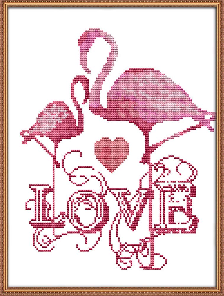 Awesocrafts Cross Stitch Kits, The Love of Flamingo Easy Patterns Cross Stitching Embroidery Kit Supplies, Stamped Options for Adults Beginners (Flamingo, Stamped)