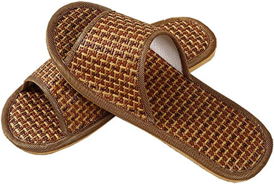 Women’s Men’s House Flax Bamboo Straw Slides Open-Toe Slippers Flip Flop Slip on Bath Spa Summer Sandal Lightweight Shoes Breathable Four-Season Indoor (01/Green, 2 Pack/6-7 M US Women)