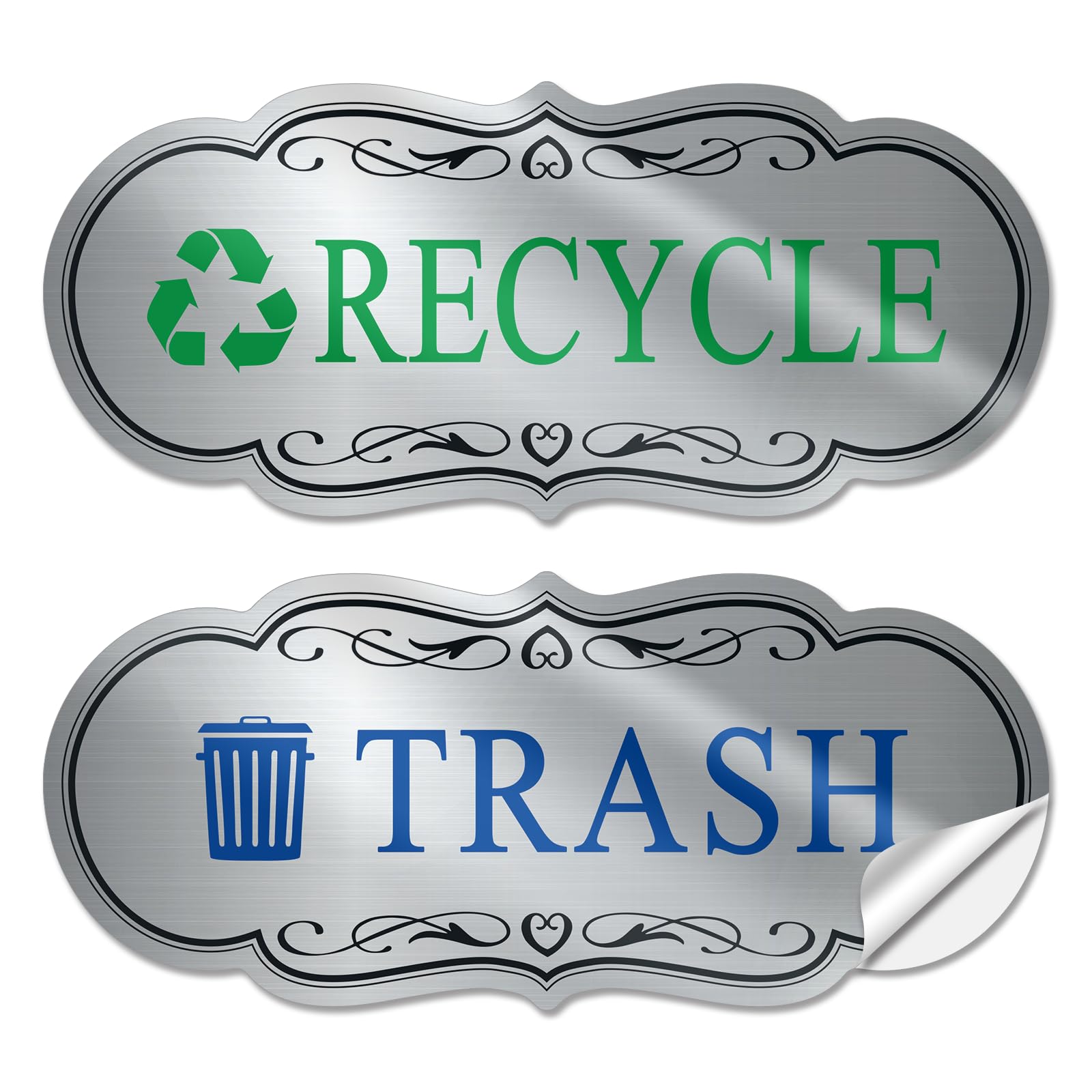 Photo 1 of ASAVI Trash & Recycle Stickers – 2-Pack Self-Adhesive Vinyl Labels, Waterproof & Durable (Brushed Silver Green Blue, Medium 6.3 x 2.7 inches)