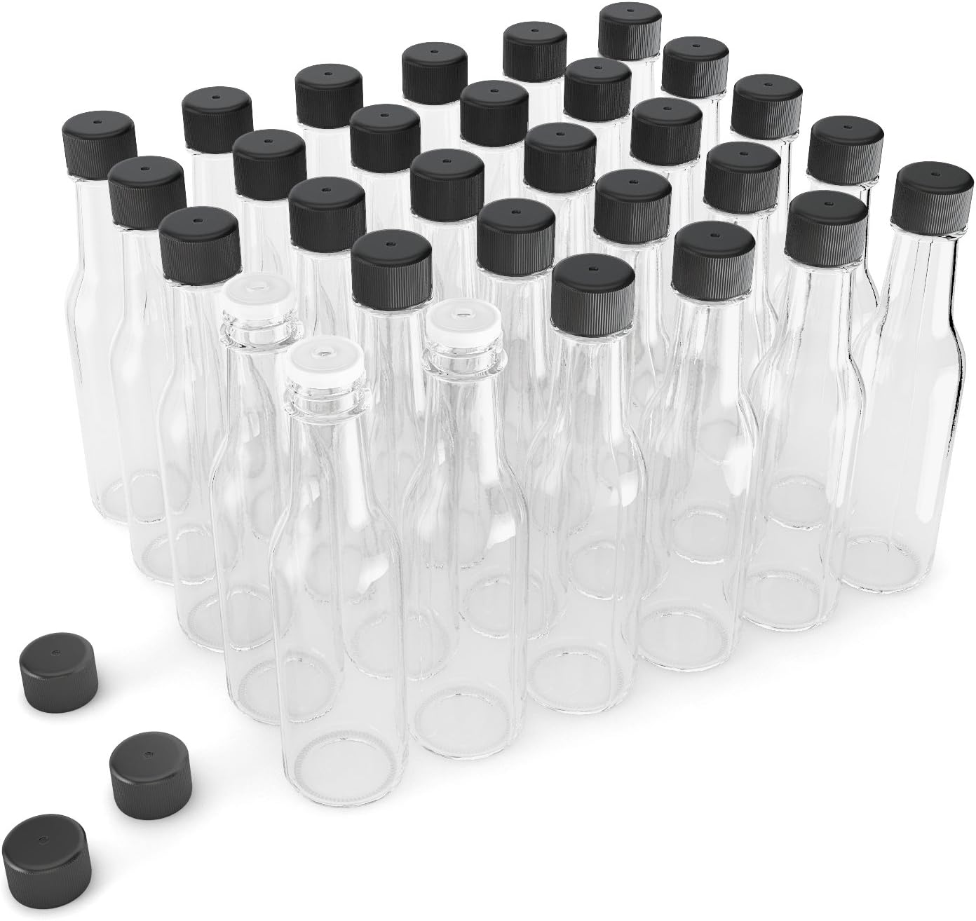 Glogex Empty Glass Hot Sauce Bottles (30 Pack, 5 Oz) with Leak Proof Black Screw Caps and Snap On Dripper Inserts