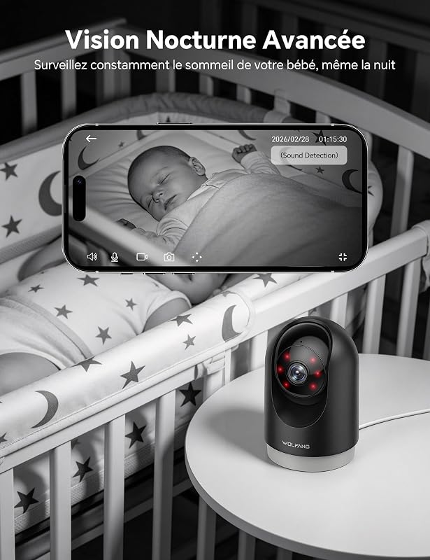 Camera Interieur 2K WiFi, Caméra Intérieure 360° PTZ avec Suivi Automatique, Vision Nocturne & Audio Bidirectionnel, Babyphone avec Caméra, Compatible Alexa & Google Home