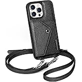 LUCKYCOIN Crossbody Wallet Phone Case for iPhone 15 Pro Max, Genuine Phone Case with Expandable Wallet Card Holder & Adjustable Removable Crossbody Strap, Phone Purse with Card Slot - Pebble Black