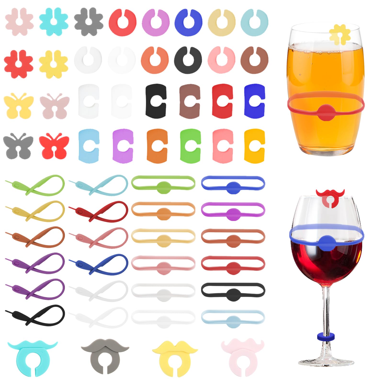 GOTFUN 63 Pcs Wine Drink Marker, Wine Glass Charms, Silicone Wine Glass Marker Drink Bottle Cup, Strip Tag Markers, Reusable Glass Drink Tags for Party Supplier Beer Drinking Glass Cup Wine Glass
