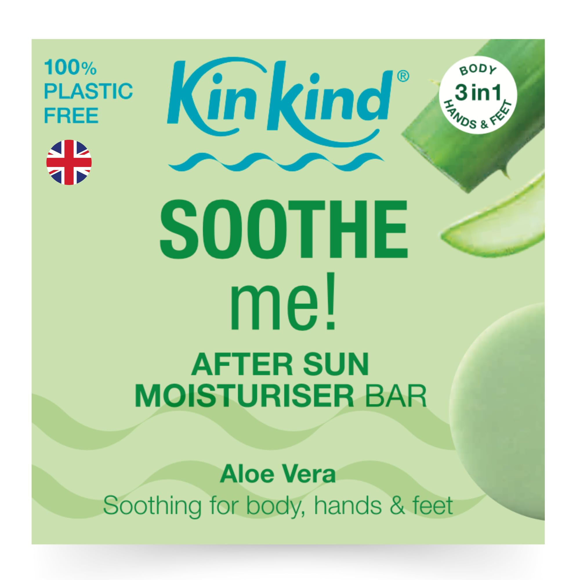 KinKind Aloe Vera After Sun. SOOTHE me! After Sun lotion bar with Aloe Vera, Shea Butter & Cocoa Butter to soothe and nourish sun kissed skin. No leaking plastic bottles! Vegan & Cruelty Free. — image 1
