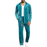 LecGee Men Fall Casual Sets Velvet Long Sleeve Button Down Shirt Elastic Waist Velour Pants 2 Piece Outfits Tracksuit