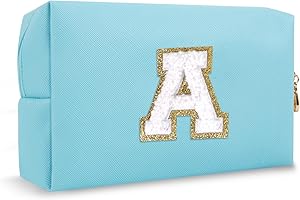 CHAOGREAT Small Personalized Initial A-Z Preppy Patch Makeup Bag,PU Chenille Letter Travel Cosmetic Pouch with Zipper,Blue Cute Toiletry Bag,Gift Ideal for Teen Girls Women Teacher Bridesmaid,Letter A