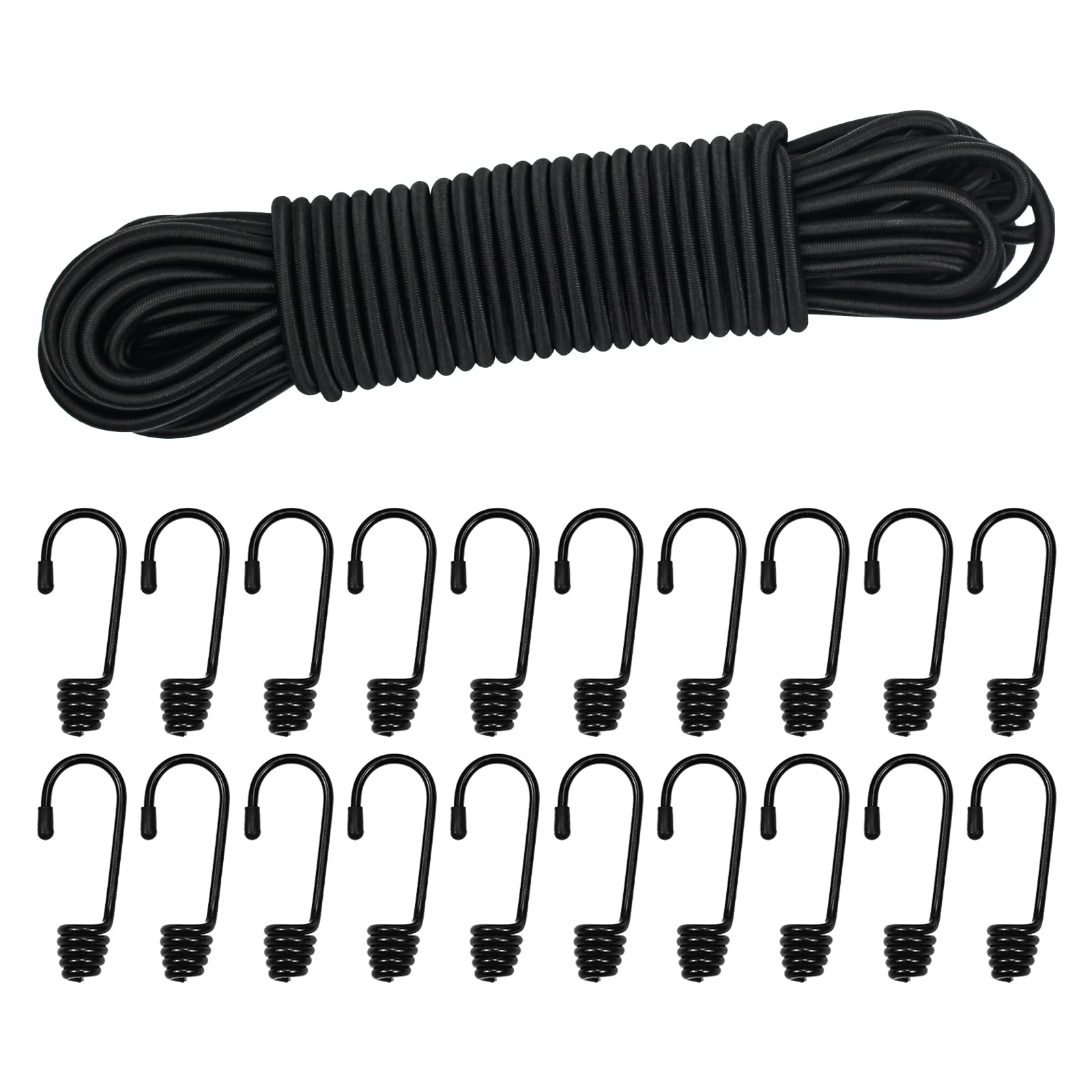 Dondeen Elastic Cord,Shock Cord Heavy Duty Elasticated Shock Cord Black Bungee Cords with Hooks and Spring Cord Lock for Caravan Cargo Craft Rack (6mm x 20M, Black) — image 1