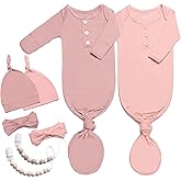 2PK Silky Soft Newborn Knotted Gown, Snuggly Infant Sleeper for Baby Girls, Sleepwear Set with Mittens, Bowknot, Clip and Hat