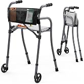 Narrow Folding Walker for Senior with Seat,Compact Foldable Standard Walker | 5-inch 2 Wheel Walkers,Aluminum Narrow Walkers for Small Spaces,Travel Walker,Rolling Walker for Adult,Height Adjustable