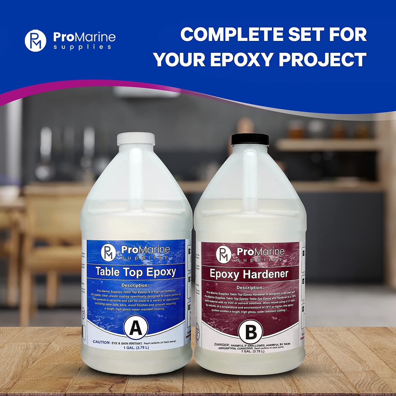 Pro Marine Supplies Crystal Clear Table Top Epoxy Resin & Hardener (2-Part 2 Gallon Combined Kit) with Cups, Brushes, Gloves, Sticks | UV-Resistant Gloss Coating for DIY Bar, Countertops, Woodworking: Industrial & Scientific