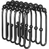 AmazerBath Shower Curtain Hooks, Black Rust Proof Non-Slip Double Hooks for Shower Curtain, Sturdy Metal Rings Bathroom 12Pcs