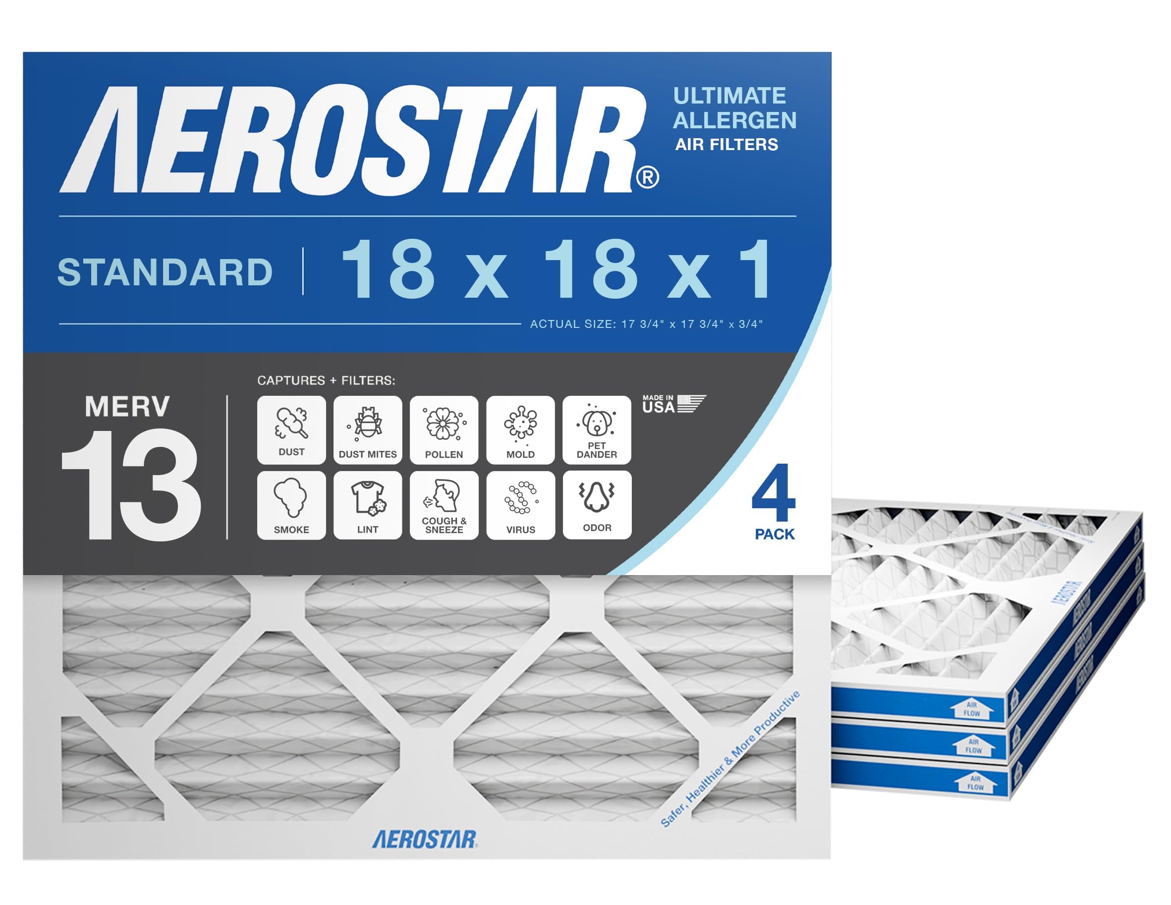 Aerostar 18x18x1 MERV 13 Air Filter, 4 Pack Set of HVAC Furnace Filters, Electrostatic MPR 1500-1900 & FPR 10 (Actual Size: 17 3/4 x 17 3/4 x 3/4 inches) Image