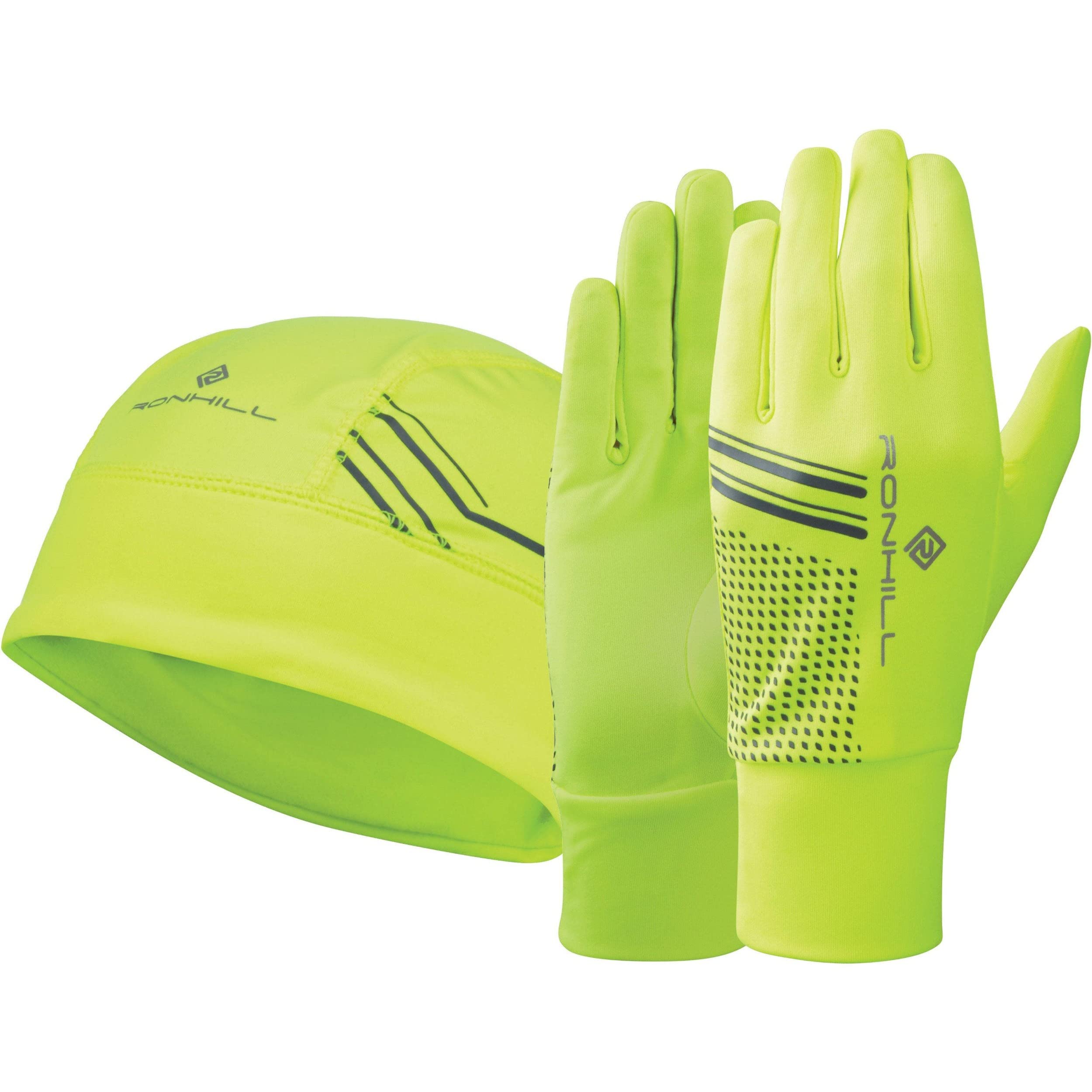 Ronhill Conjunto de gorro y guantes unisex para adultos, amarillo fluo/negro, pequeño/mediano