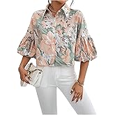 SweatyRocks Women's Half Bishop Sleeve Button Down Shirts Summer Dressy Casual Blouses