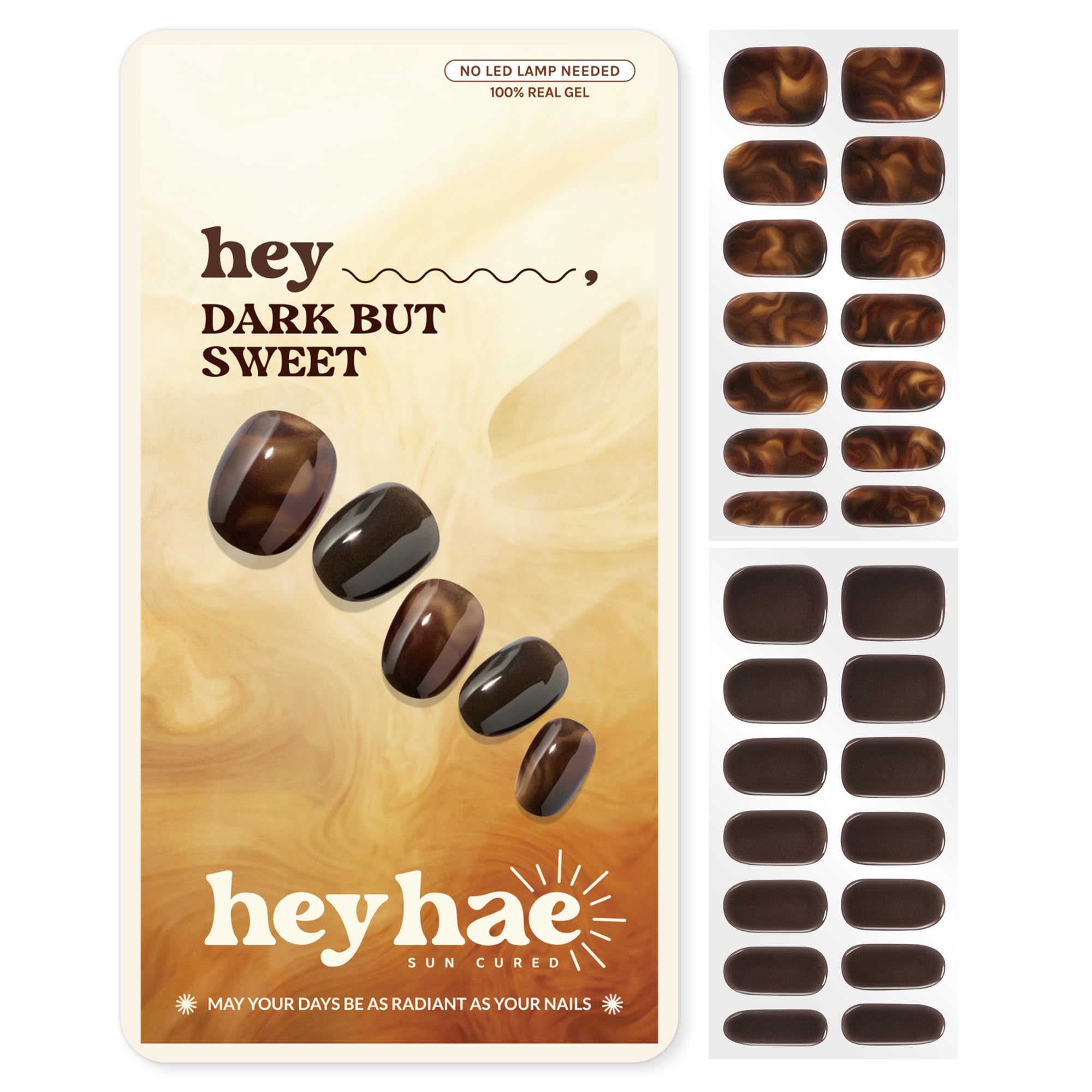 Heyhae Semi Cured Gel Nail Strips - Hey, Dark But Sweet | Brown Marble | Sun Cured No UV Light Needed Salon Quality, Easy App