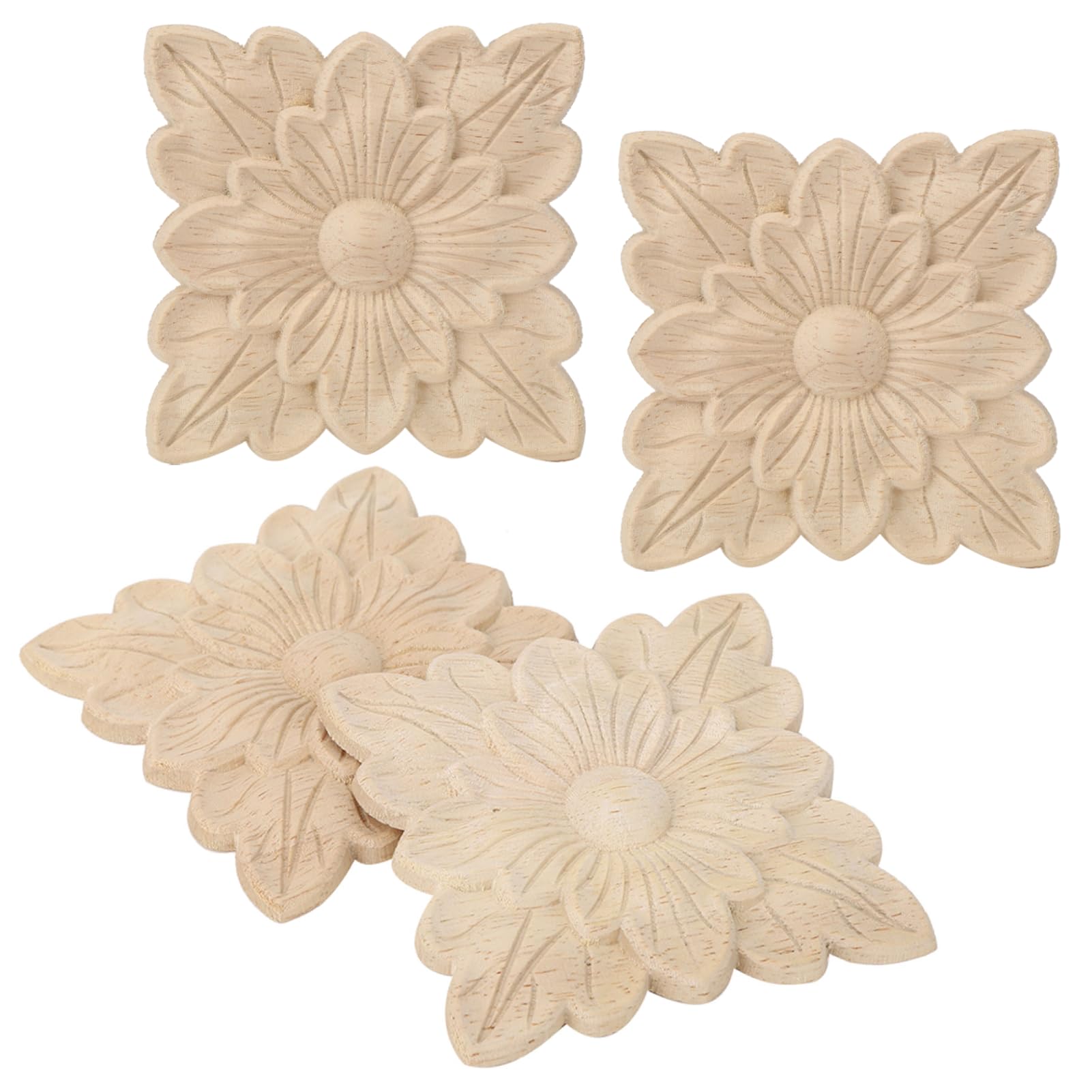 Household Wood Appliques 4Pcs Beautiful Flower Pattern Wood Carved Applique Furniture Garden Door Decoration Accessories