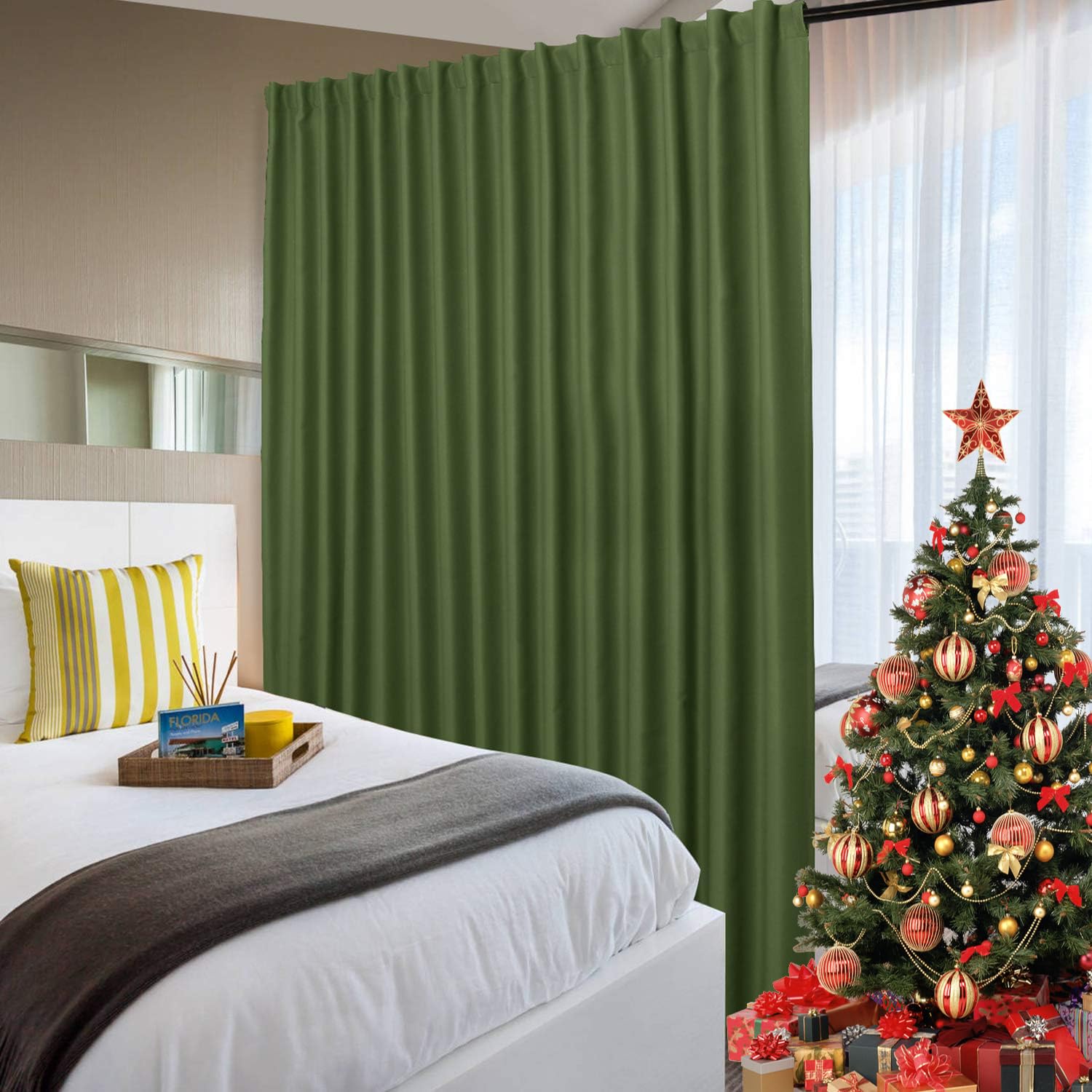 DWCN Privacy Room Divider Blackout Curtain - Christmas Patio Sliding Door Curtains, Extra Wide Thermal Curtains with Back Tab & Rod Pocket for Bedroom Partition, 120 x 96 Inches, Olive Green