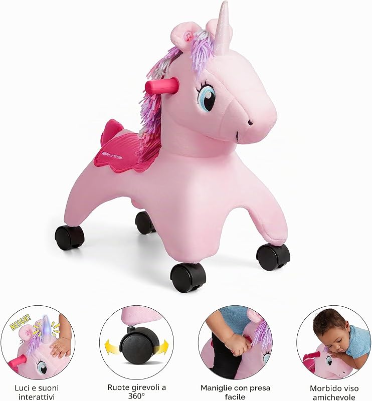 Shimmer l'Unicorno Magico con luci e suoni interattivi, giocattolo cavalcabile rosa, per bambini da 1 a 3 anni