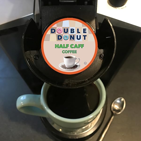DOUBLE DONUT COFFEE HALF CAFF COFFEE PODS, SINGLE SERVE HALF CAFFEINE COFFEE PODS FOR KEURIG K CUP BREWERS, MEDIUM ROAST, 24 COUNT