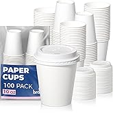 Fit Meal Prep 100 Pack 10 oz Disposable Coffee Cups with Lids, Premium To Go Coffee Cups with Lids, Leak-Proof Paper Travel Cups for Cold/Hot Beverage, Office (White Lids)