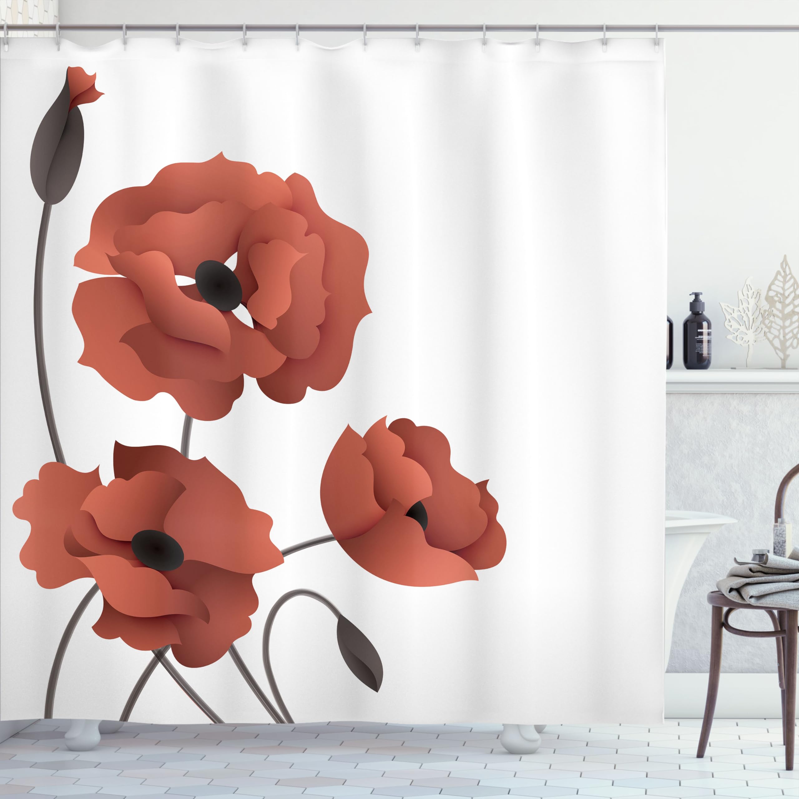 ABAKUHAUS Floral Shower Curtain, Poppy Flowers Vivid Petals Buds Pastoral Purity Mother Earth Nature Design, Cloth Fabric Bathroom Decor Set with Hooks, 175 x 200 cm, Persian Orange