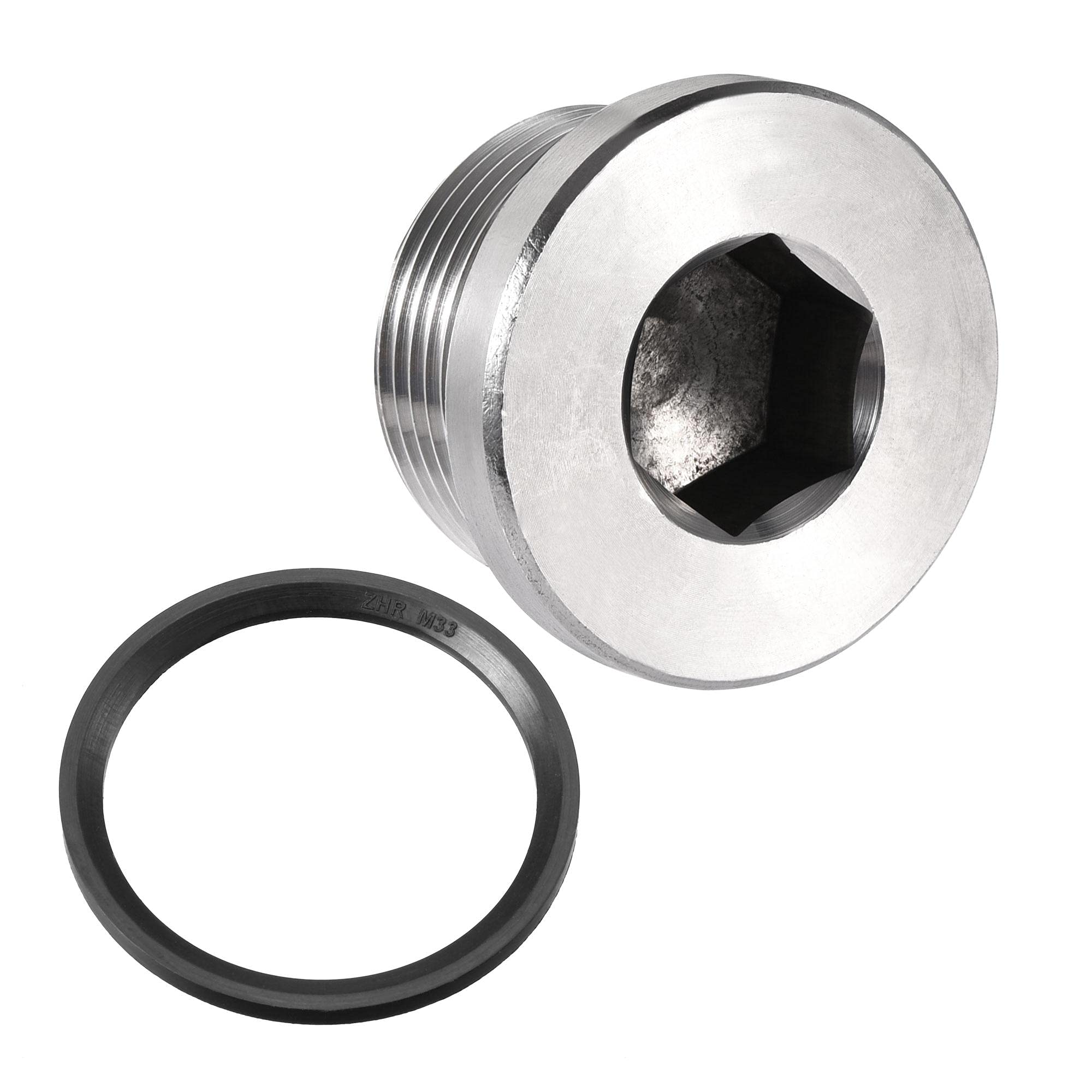 sourcing map Stainless Steel Inner Hex Head M33x2 Pipe Fitting Plug with Seal Ring for Terminate Pipe Ends — image 1