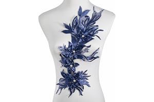 Silvora Phoenix Peacock Feather Tail Fabric Beaded Lace Applique,3D Embroidered Flower Fabric Patch for Bridal Dress, Handmade Sewing Tool for Wedding DIY Crafts(Navy Blue)