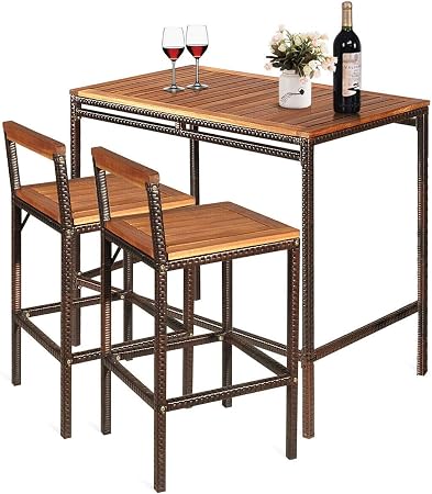 Amazon Com Lares Penates 3 Pcs Natural Solid Acacia Wood Rattan Wicker Outdoor Bar Dining Furniture Set For 2 Table And Chair For Backyard Deck Lawn Poolside Patio Sets Garden Outdoor
