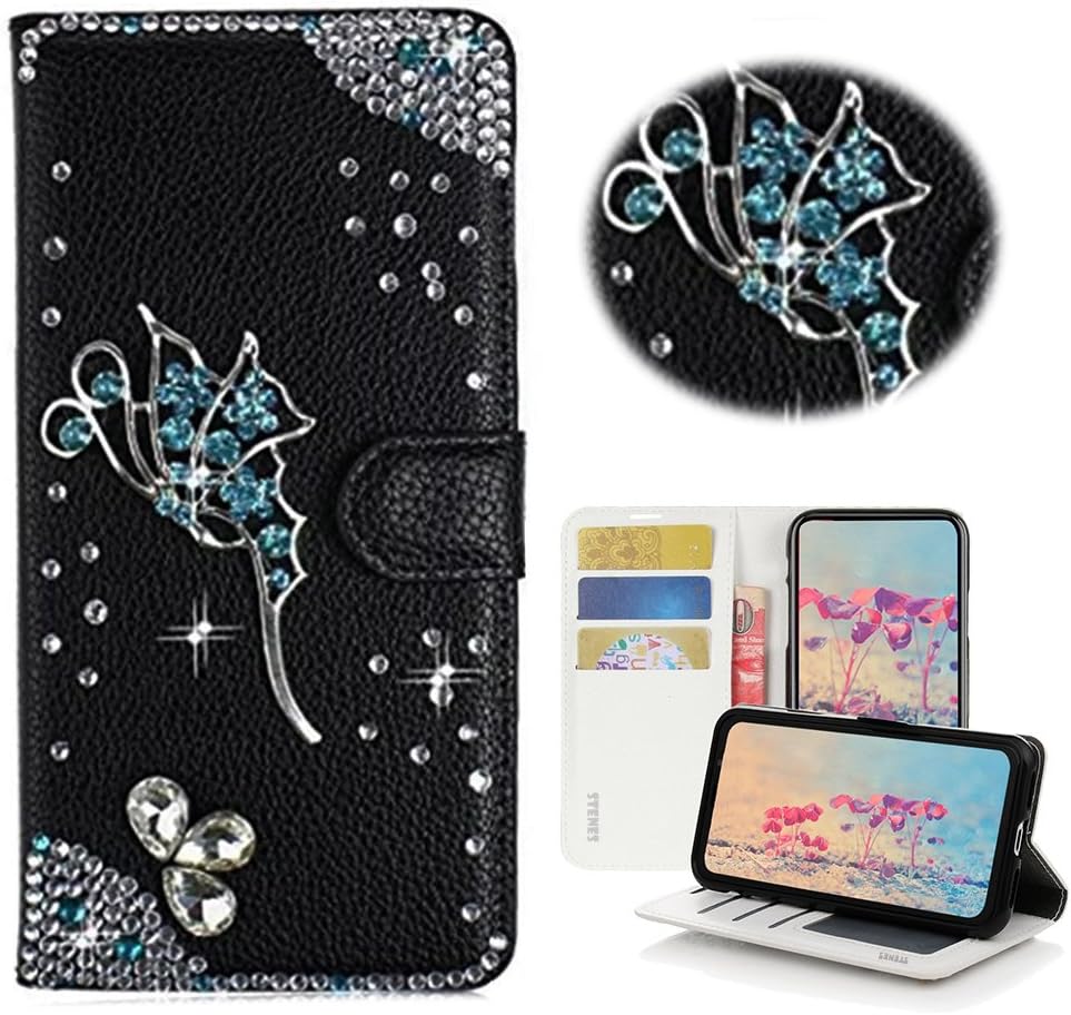 STENES Bling Case for Huawei Mate 20 X - Stylish - 3D Handmade Crystal Fairy Design Magnetic Wallet Credit Card Slots Fold Stand Leather Cover for Huawei Mate 20 X (7.2") - Black