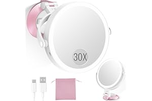 vpu 30X/1X Wall Mounted Magnifying Makeup Mirror with Power Suction Cup, Rechargeable Double Sided Regular HD/Magnification 3 Color Modes Adjustable Brightness Mirror with Lights for Bathroom, Travel