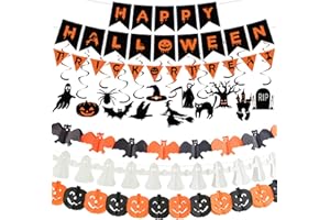 GUSGROP Halloween Decorations Indoor Party Decor, HAPPY HALLOWEEN Accessories with TRICK OR TREAT Banner, 3 PCS Large Garland Bat Ghost Pumpkin, Hanging Party Supplies Backdrop for Home Office Classroom