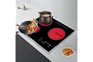 MIMODA 24 Inch Electric Cooktop, 3 Burners Radiant Electric Stove Top 110V, 2600W Ceramic Electric Stove with Timer, Child Safety Lock, Sensor Touch Control(No Plug)