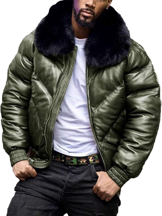 ZSYDS Mens Winter Leather Warm Coats Fur Collar Faux Fur Lining Long